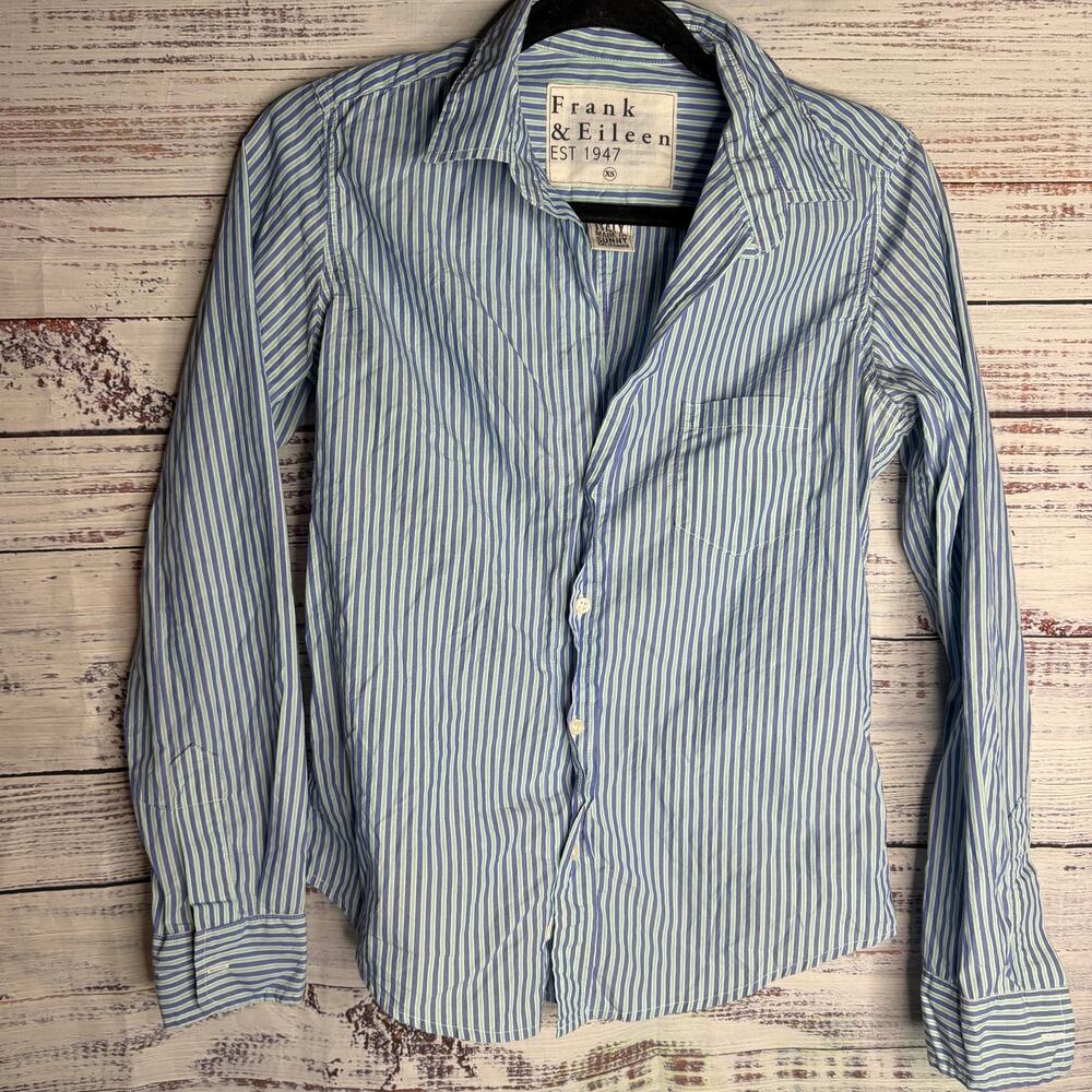 Frank & Eileen Barry Shirt XS Blue Green Stripe Button Down Made USA